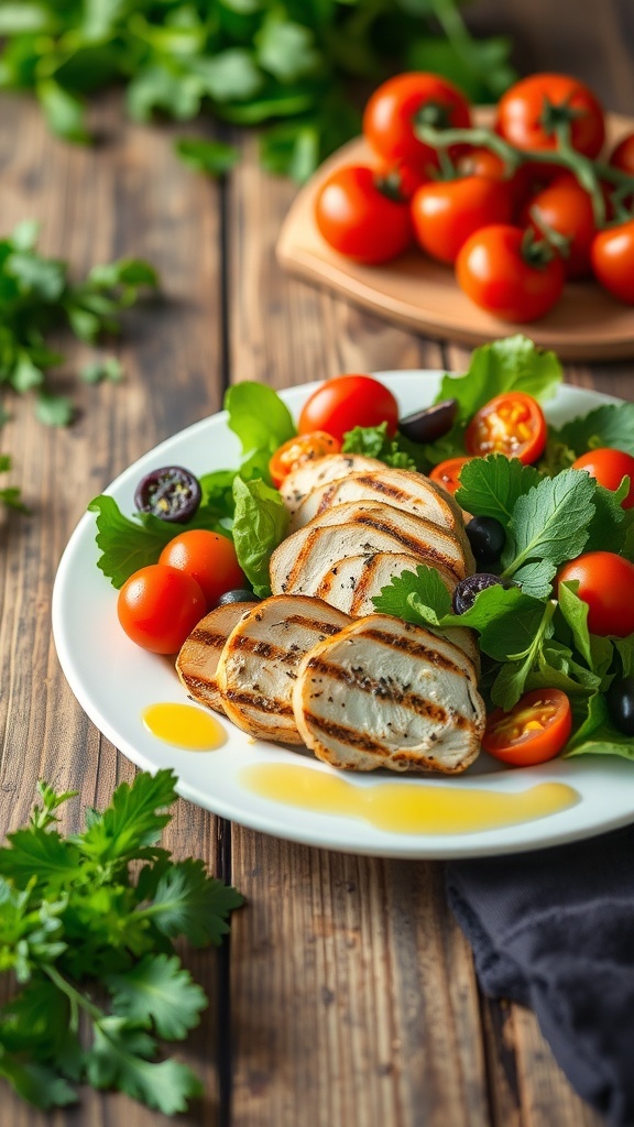 A colorful low carb meal plate with grilled chicken salad, fresh greens, and cherry tomatoes on a rustic table.